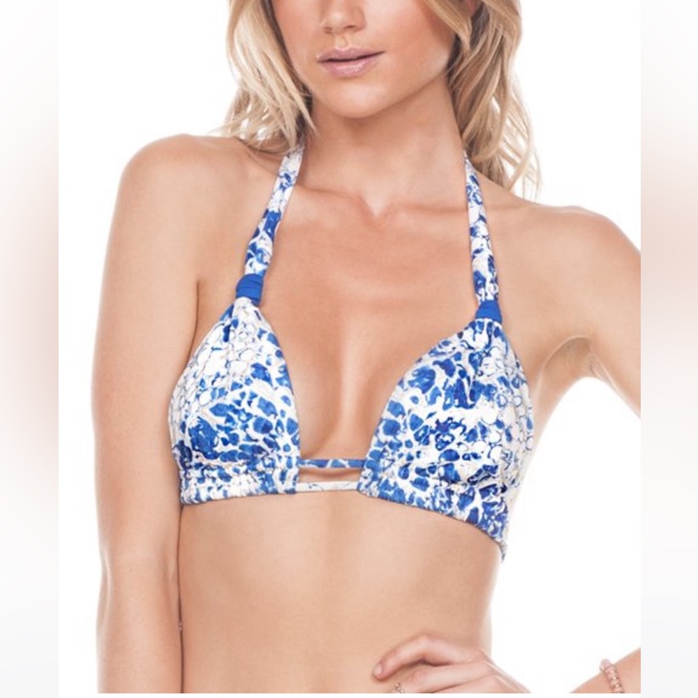 A.Che Malibu Marlow Foil Blue And Beige Halter Bikini Top - Large New With Tags